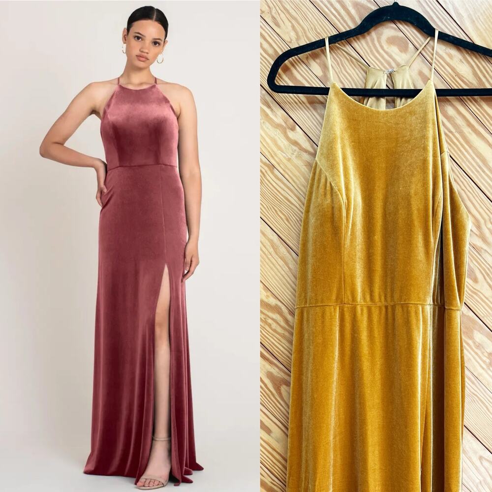Jenny Yoo Bridesmaid Dominique Dress Marigold Velvet Halter Maxi Dress